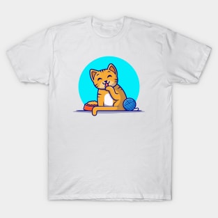 Cute Cat with Yarn Ball Cartoon Vector Icon Illustration T-Shirt